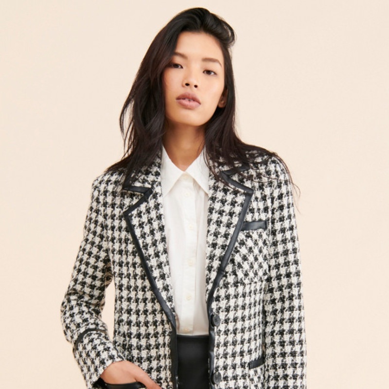 Vegan Leather Trim Tweed Blazer