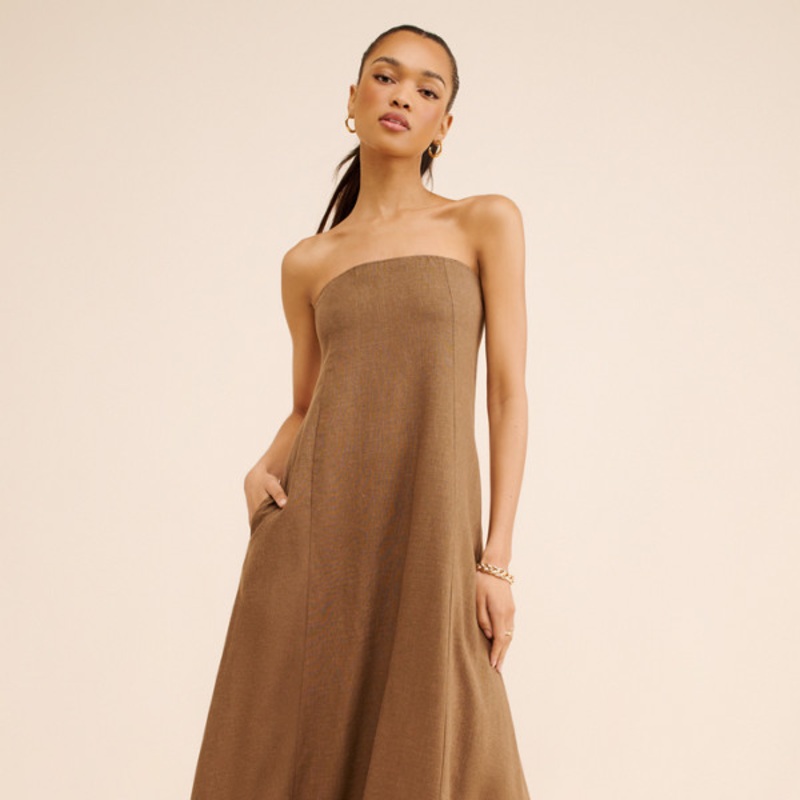 A-Line Strapless Linen Maxi Dress