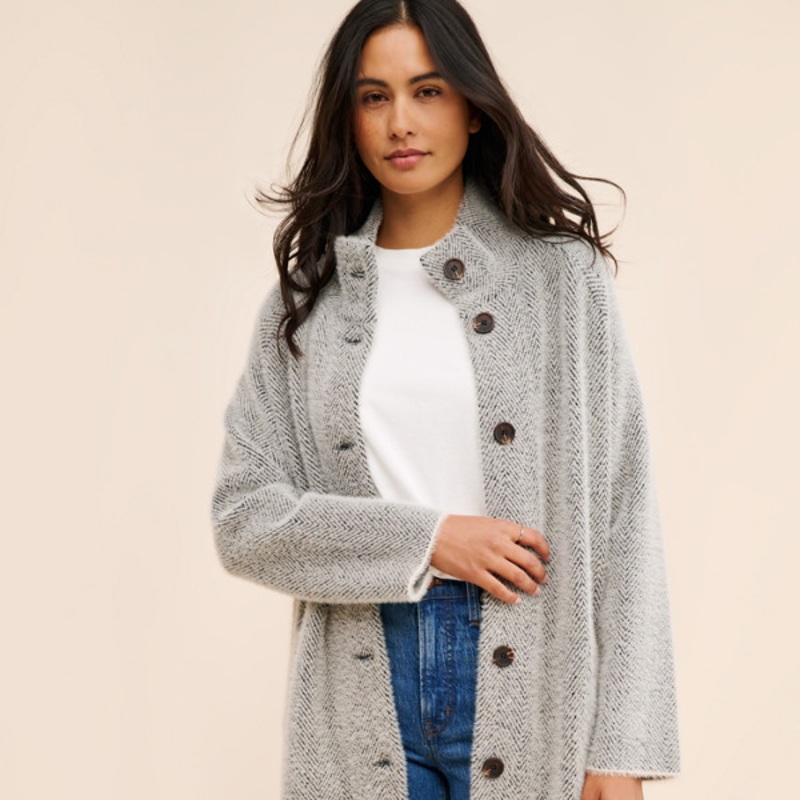 Mock Neck Herringbone Longline Coatigan